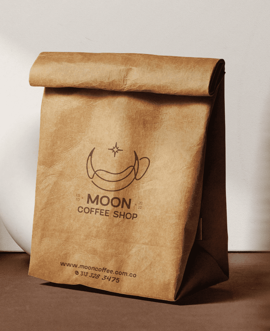 coffee shop brown paper bag with name and brand logo printed