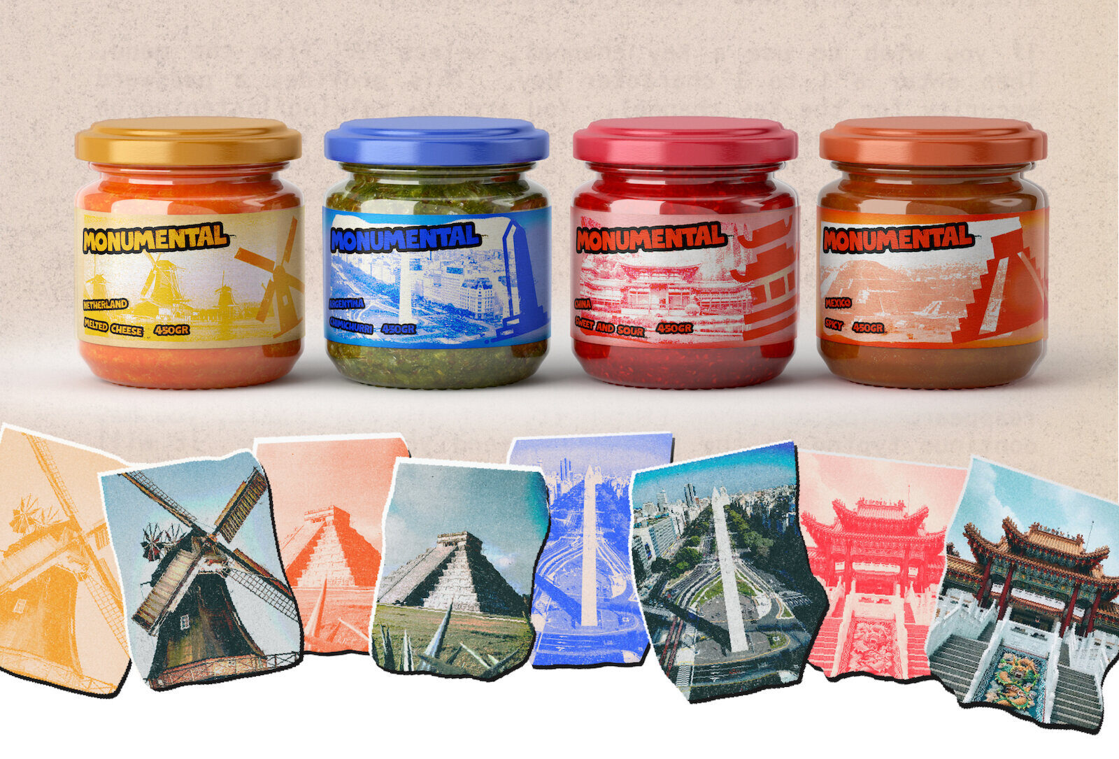 4 diffetent jars sauce. orange, blue and green, pink and red. Below 8 pictures of dirferent places