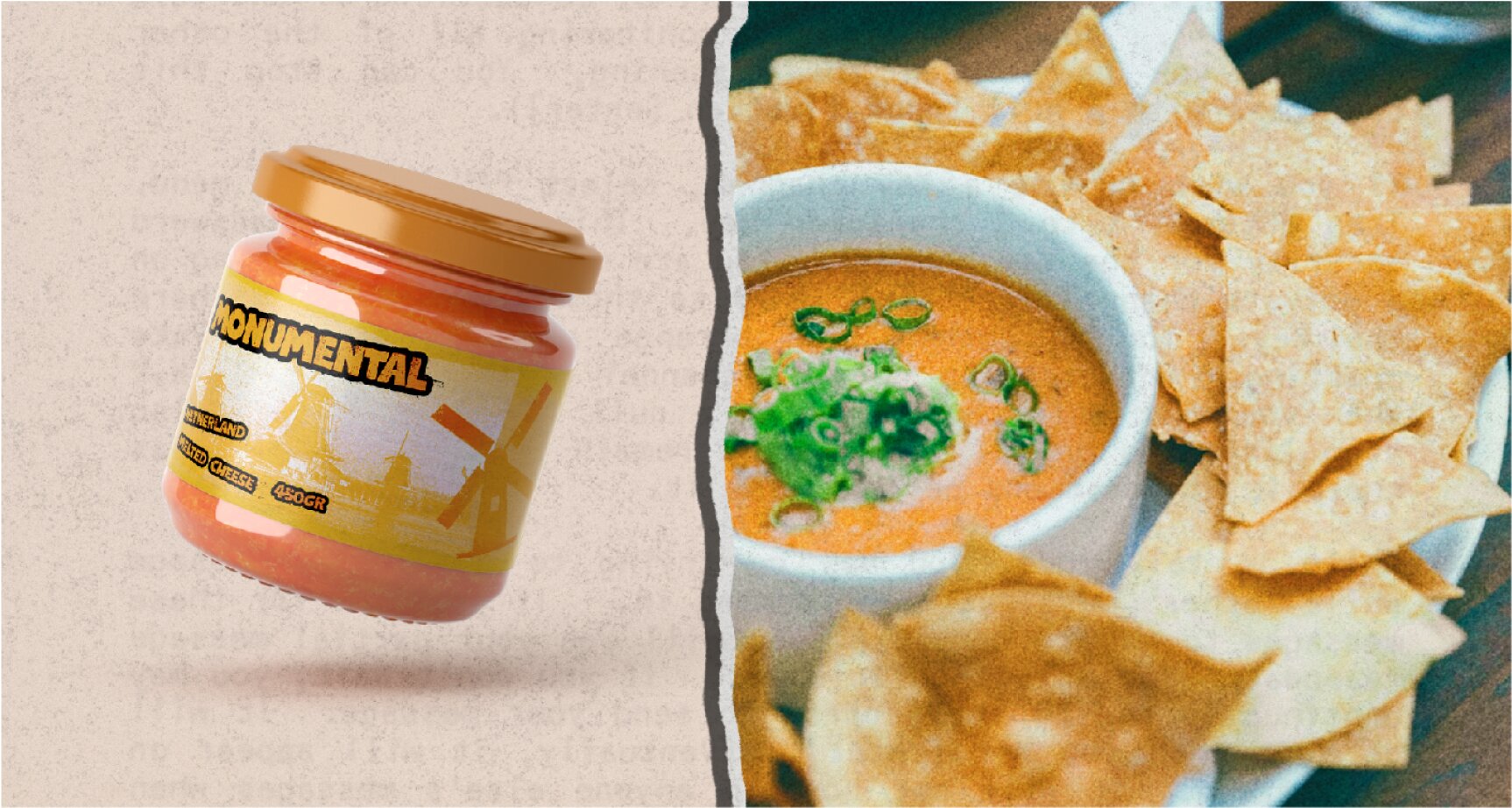 2 images. Left side orange sauce jar. Rigth side, sauce dip with nachos around in a plate
