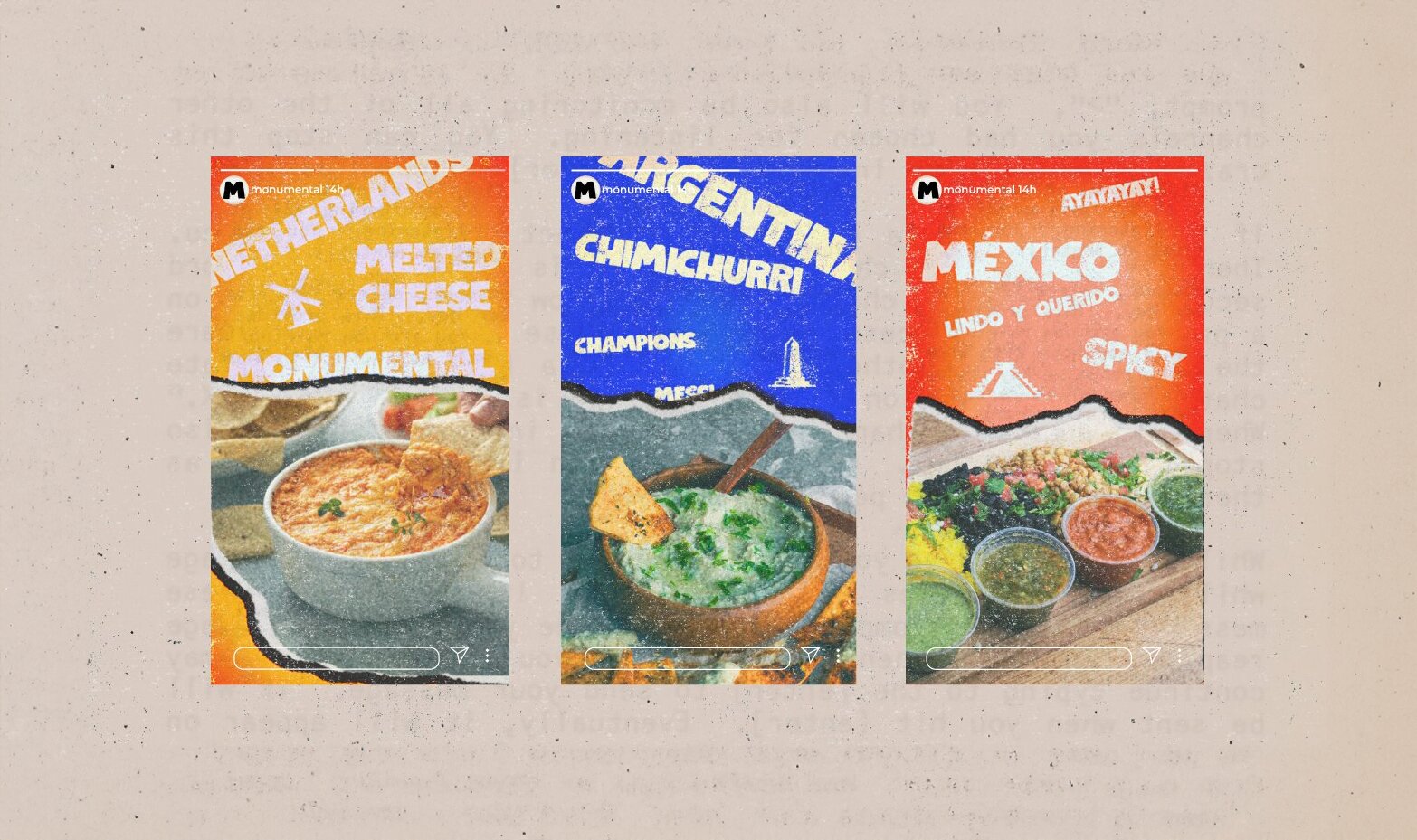 3 different instagram stories with dips of sauces. Orange, blue and red.