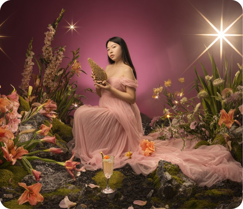 AI-generated fairy-tale portrait of a woman among oversized flowers with sparkles — generic over-stylized AI imagery with no brand voice
