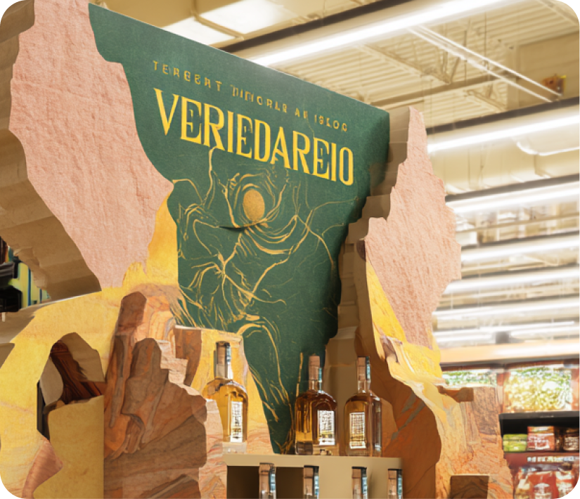 AI-generated tequila packaging on a shelf with the brand name mangled into nonsense letters — example of how raw AI output distorts logos and brand text