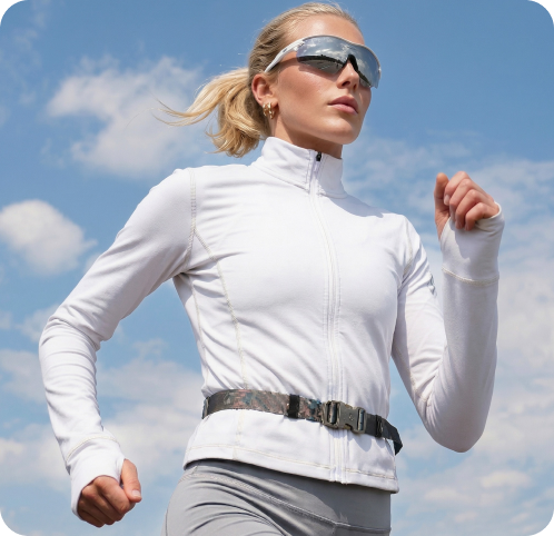 Active lifestyle imagery for Skye — woman running in performance gear, generated by CreativeWise AI Photo Studio