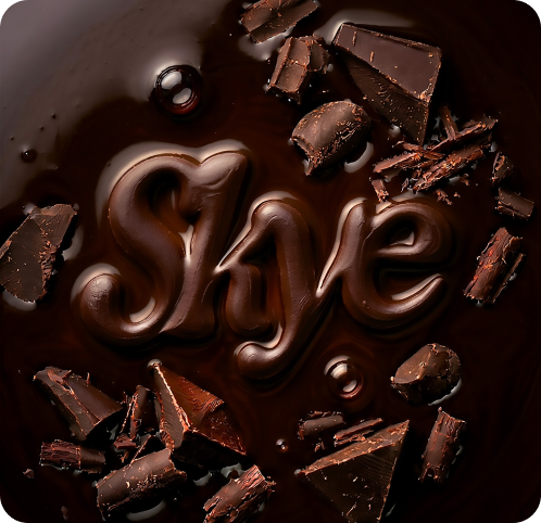 Skye logo sculpted in dark chocolate, hero imagery by CreativeWise AI Photo Studio
